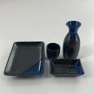 Japanese Blue Black Glazed Pottery Sake Set for One. New